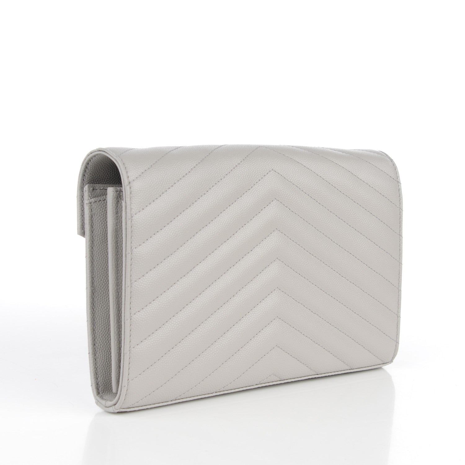Saint Laurent Grain De Poudre Matelasse Chevron Monogram Chain Wallet Light Grey 3 of 9