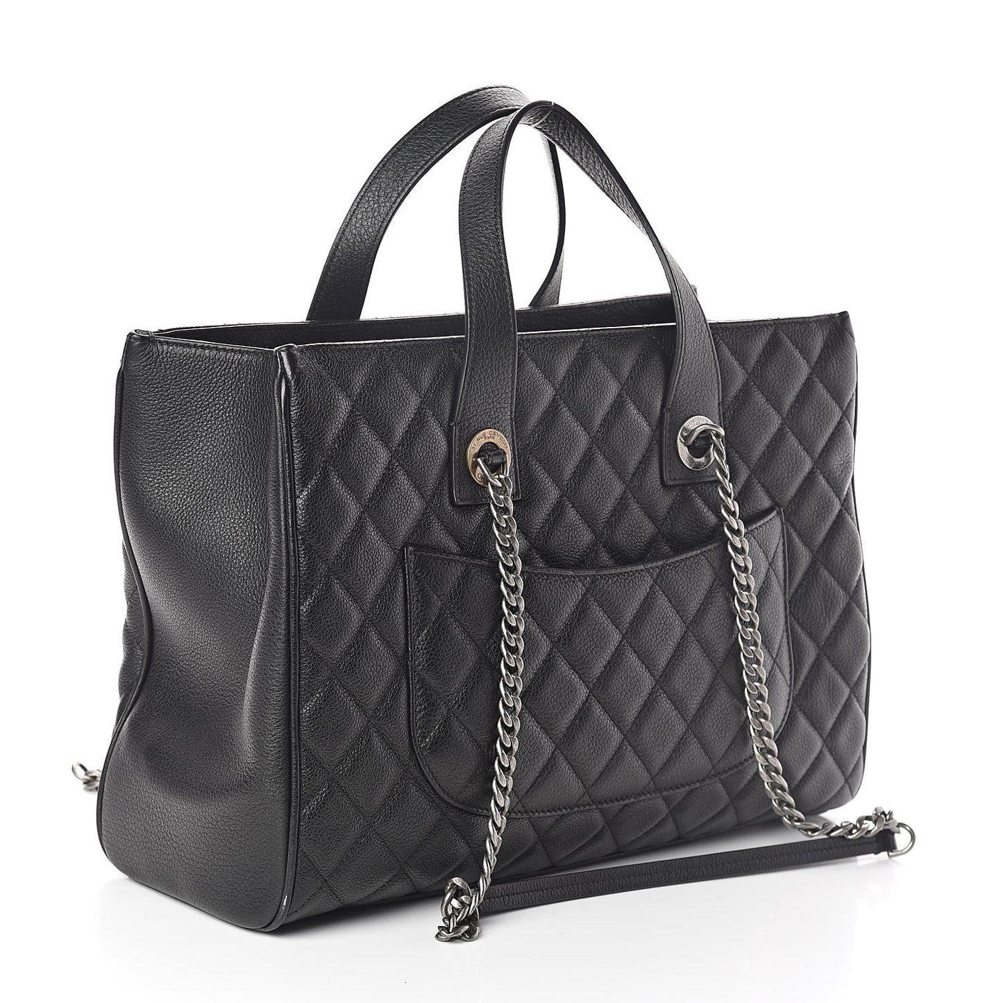 Metallic Grained Calfskin Quilted Large Casual Pocket Tote Black