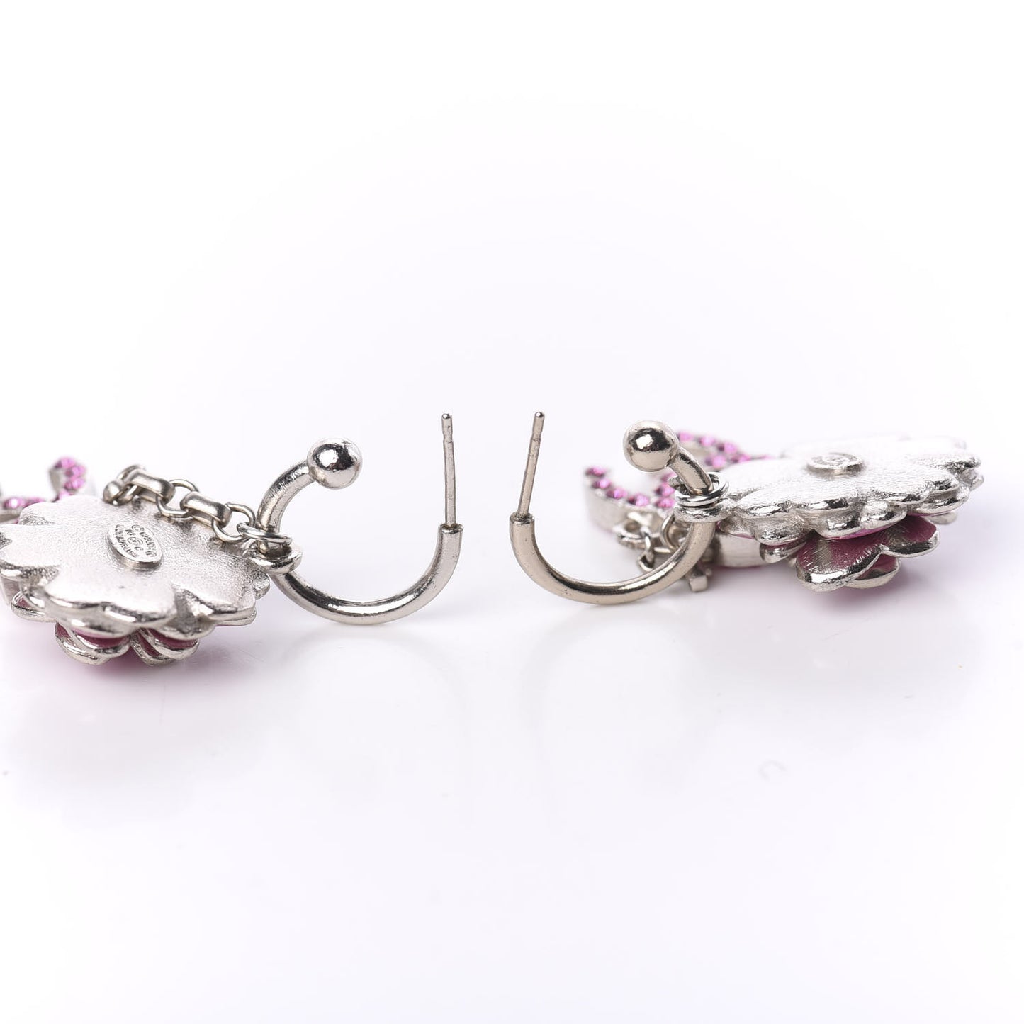 Enamel Crystal Flower CC Drop Earrings Silver Pink