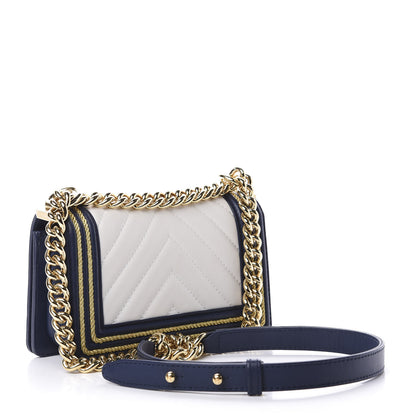 Chanel Calfskin Chevron Quilted Braided Small Boy Flap White Navy 3 of 11