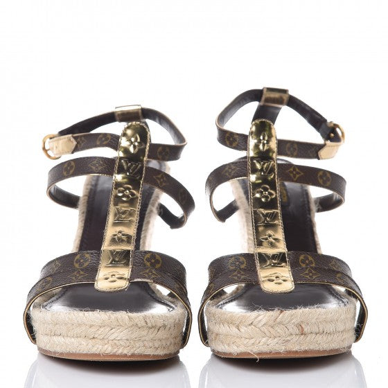 Monogram Metallic Bahamas T-Strap Espadrille Wedge Sandals 39 Brown