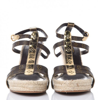 Louis Vuitton Monogram Metallic Bahamas T-Strap Espadrille Wedge Sandals 39 Brown 2 of 8