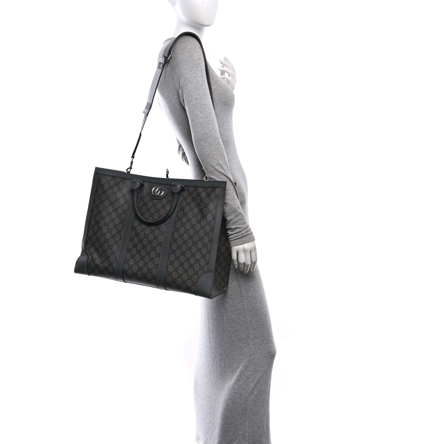 Gucci GG Supreme Monogram Textured Dollar Calfskin Large Ophidia Tote Bag Grey Black Graphite Grey 2 of 10