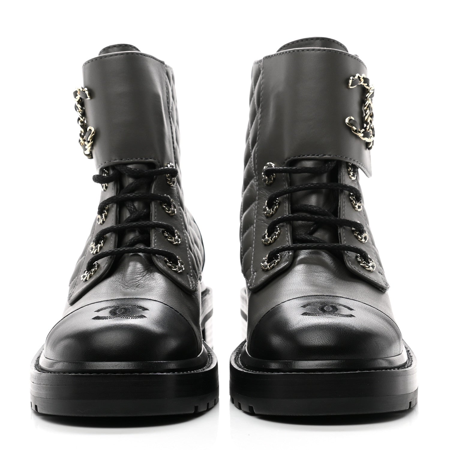 Chanel Shiny Lambskin Quilted Lace Up Combat Boots 38.5 Grey Black 2 of 11