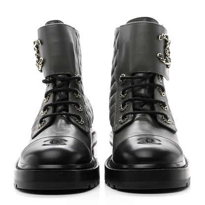Chanel Shiny Lambskin Quilted Lace Up Combat Boots 38.5 Grey Black 2 of 11