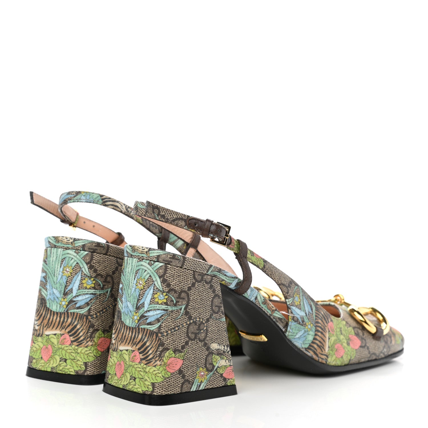 Gucci GG Supreme Monogram Tiger Savanah Horsebit 75mm Slingback Pumps 37 Beige Ebony Multicolor 4 of 7