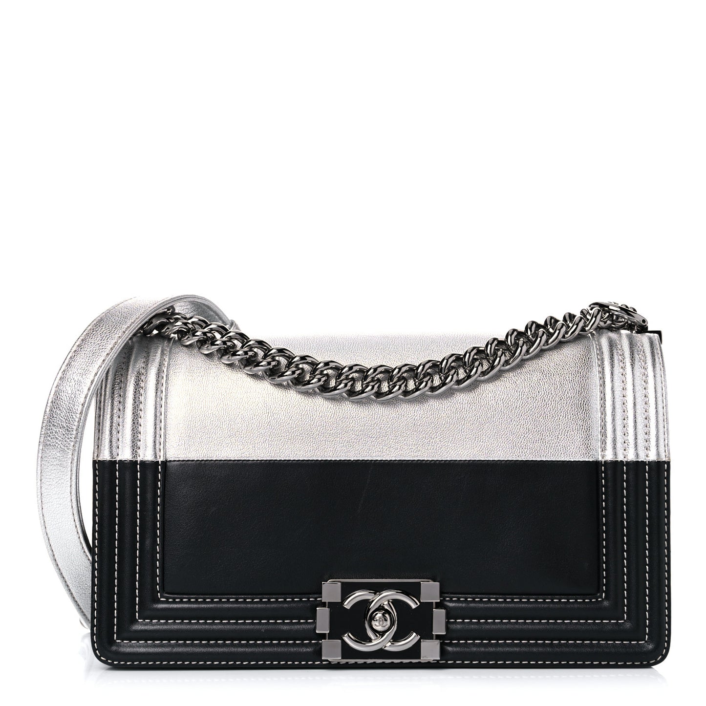 Metallic Goatskin Calfskin Medium Boy Flap Silver Black
