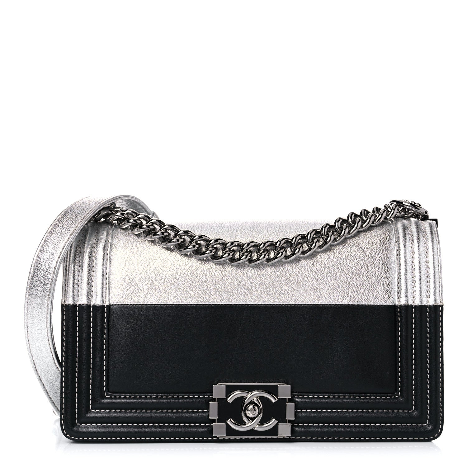 Chanel Metallic Goatskin Calfskin Medium Boy Flap Silver Black 1 of 15