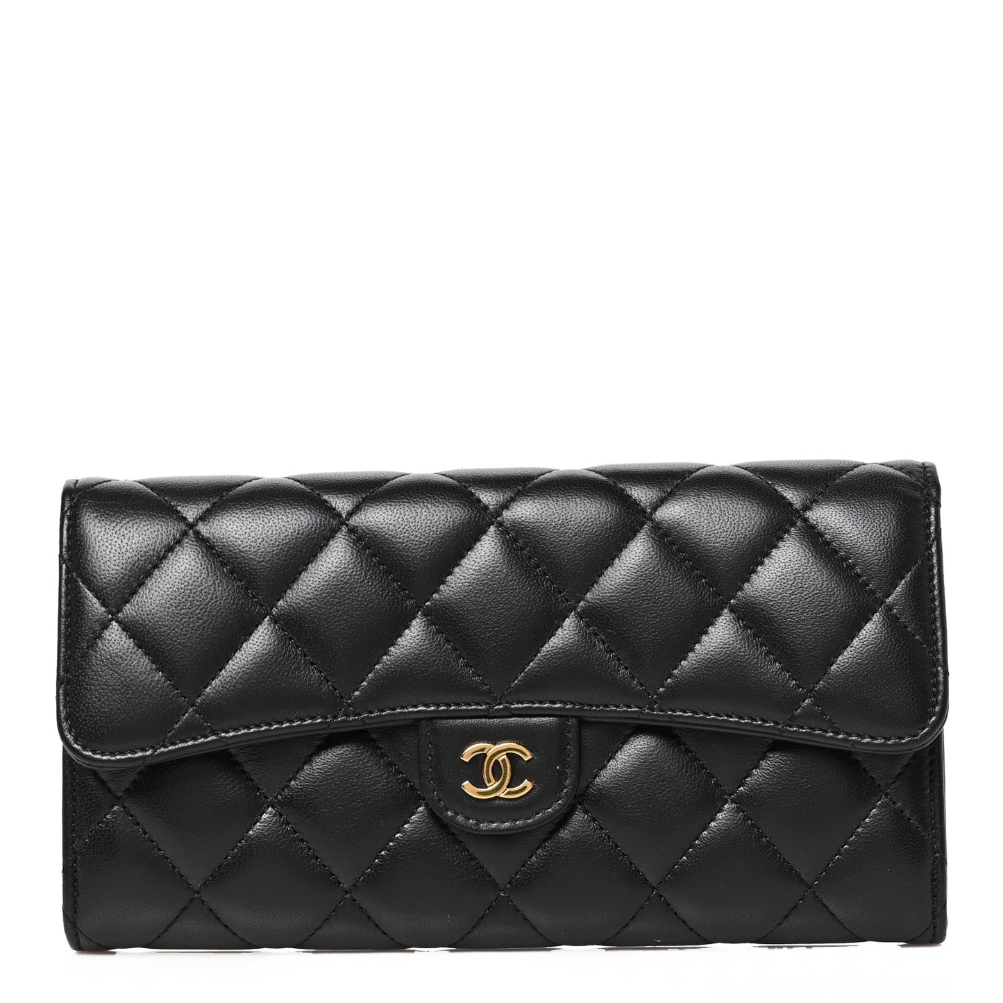 Lambskin Quilted Large Gusset Flap Wallet Black