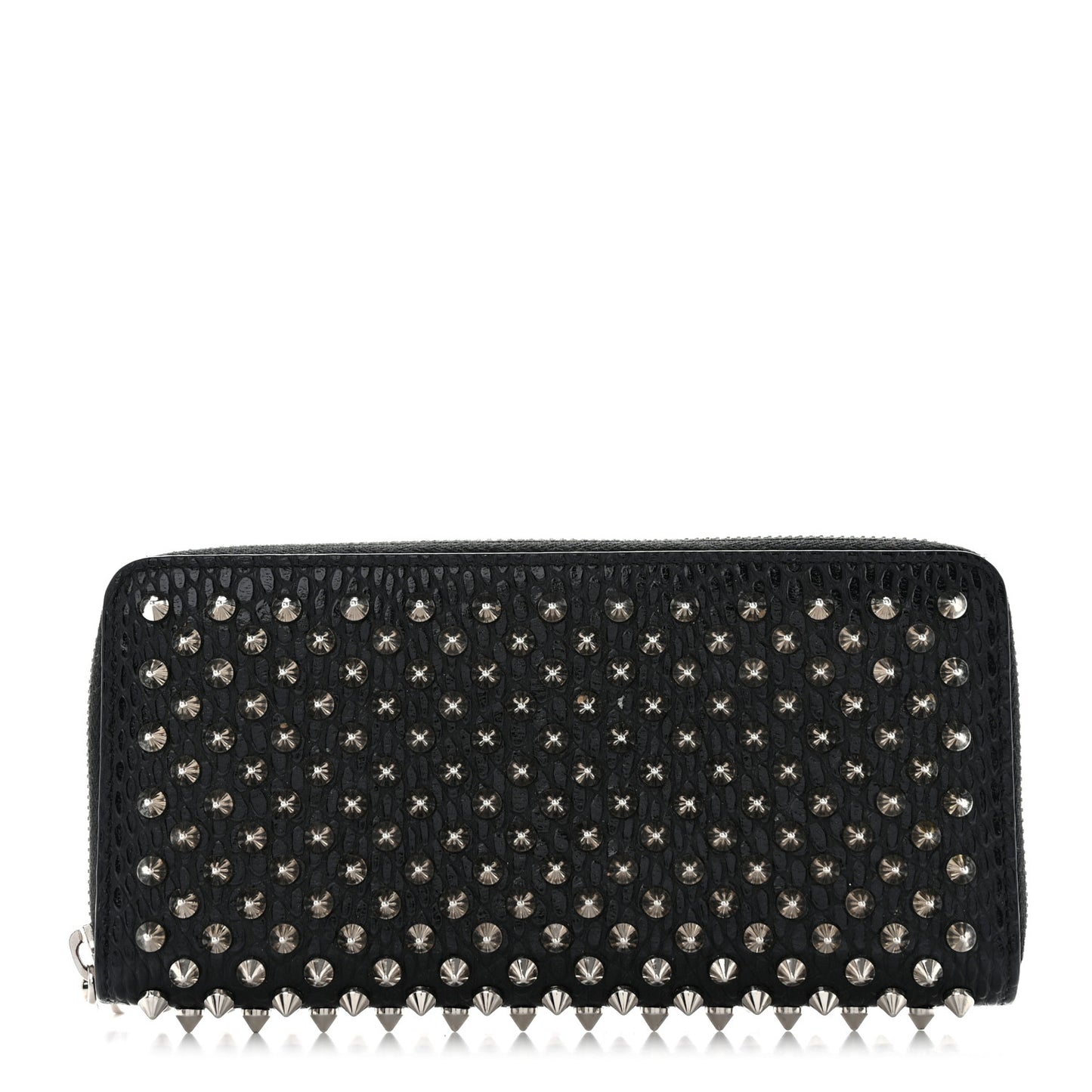 Calfskin Snakeskin Embossed Panettone Spiked Zip Around Wallet Black