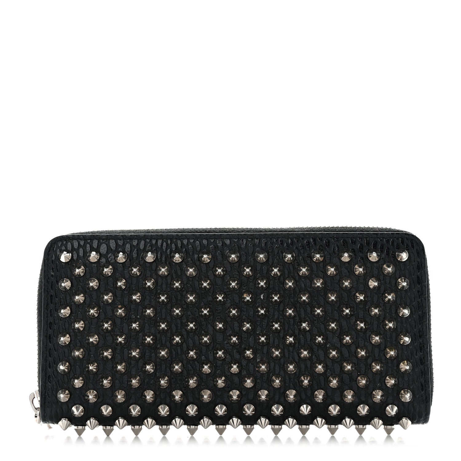 Christian Louboutin Calfskin Snakeskin Embossed Panettone Spiked Zip Around Wallet Black 1 of 12