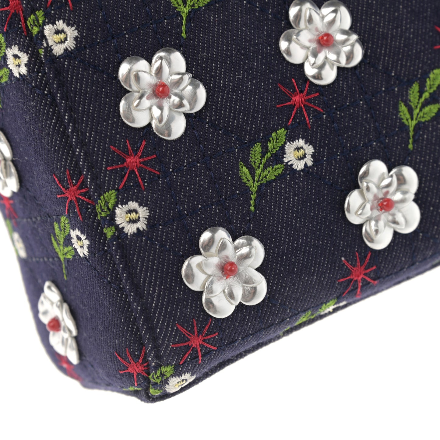 Denim Cannage Floral Embroidered Mini Lady Dior Blue