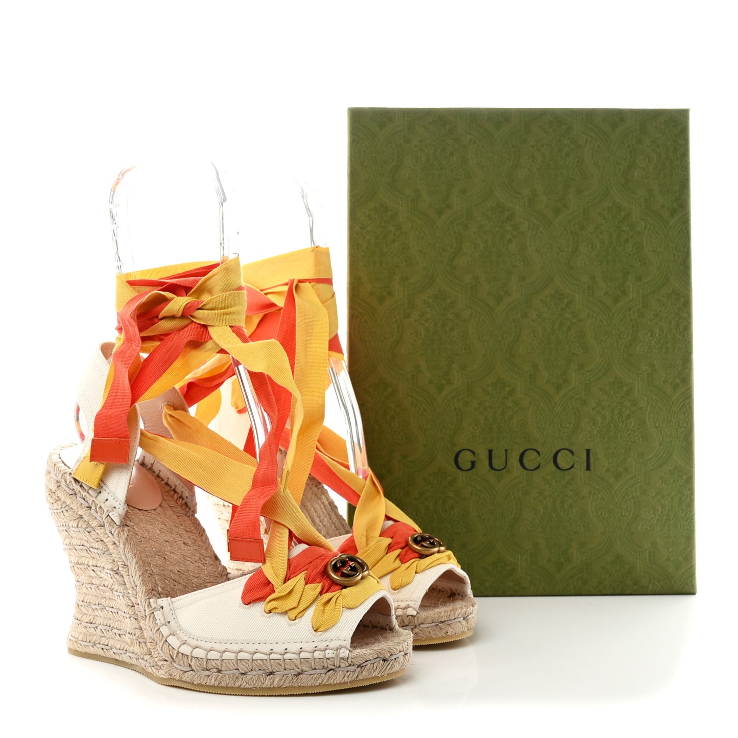 Canvas Ankle Wrap Interlocking G Platform 35/120mm Espadrille Wedges 37 Orange Yellow