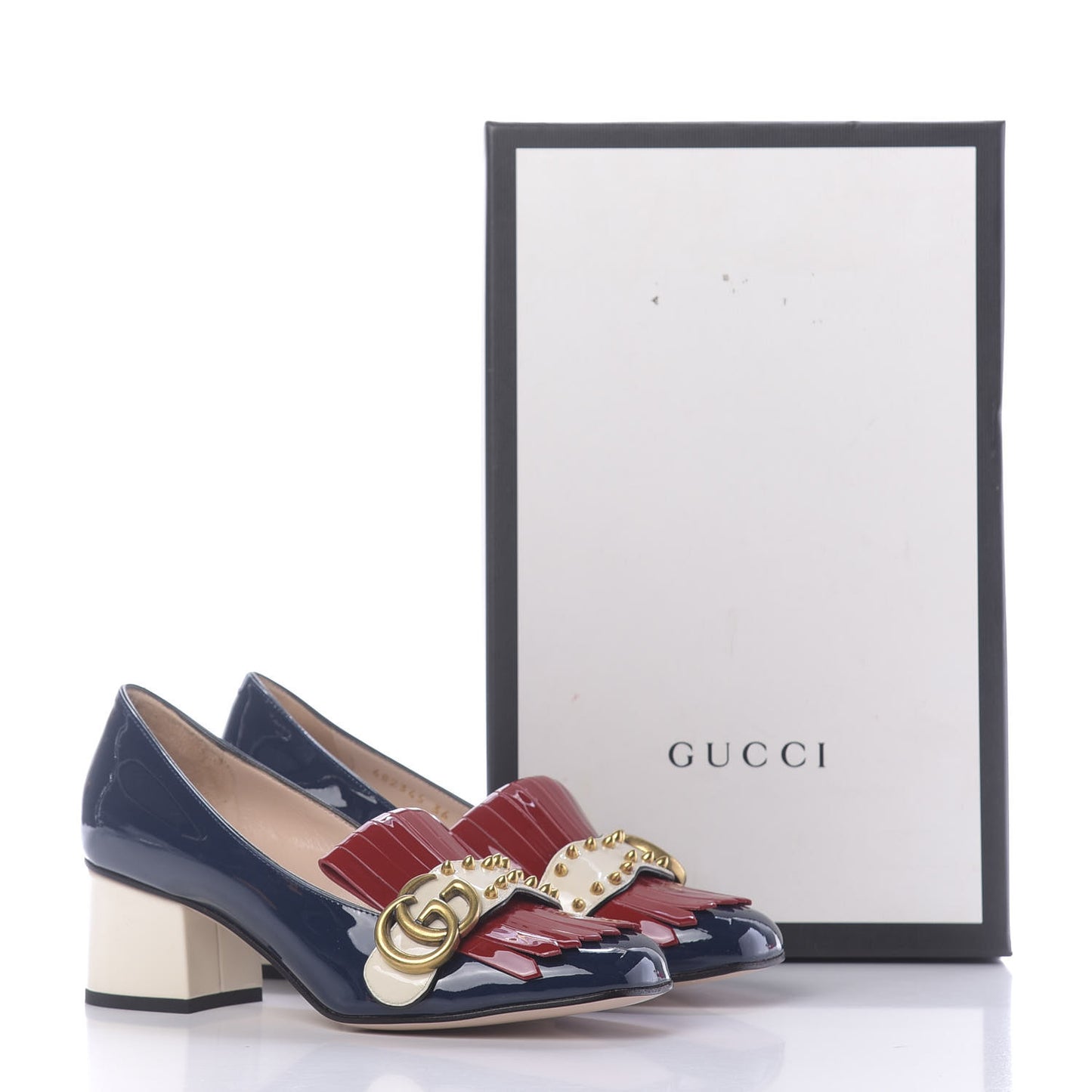 Vernice Studded GG Marmont Fringe 50mm Loafer Pumps 36 Blue Agata Hibiscus Red Mystic White