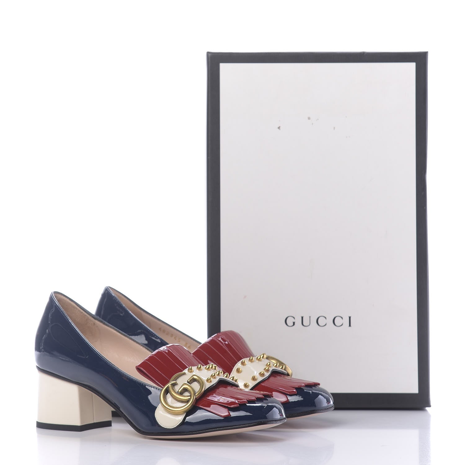 Gucci Vernice Studded GG Marmont Fringe 50mm Loafer Pumps 36 Blue Agata Hibiscus Red Mystic White 12 of 12
