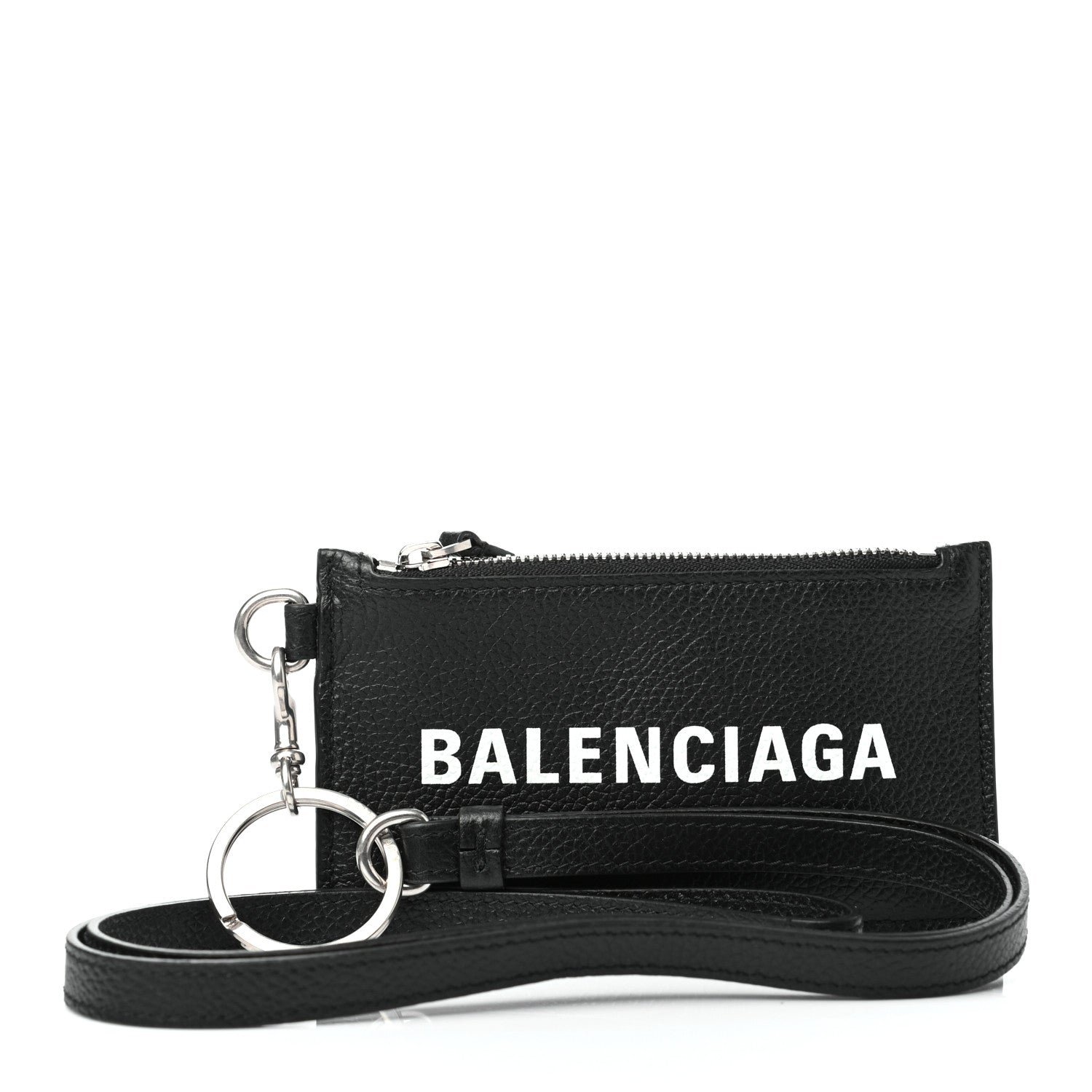 Balenciaga Grained Calfskin Logo Cash Coin Card Holder On Keychain Black White 2 of 7