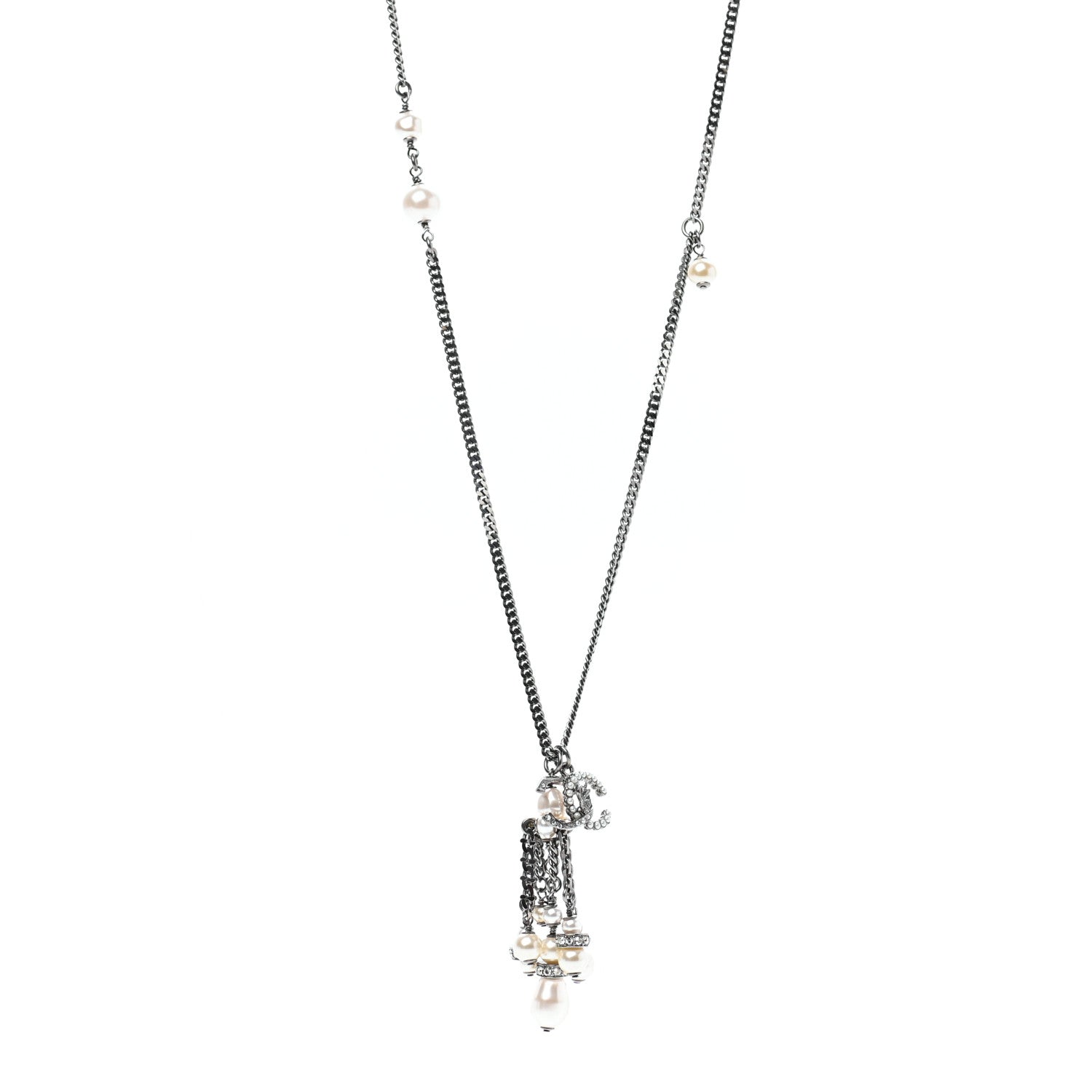 Chanel Crystal Pearl CC Drop Necklace Silver 1 of 6