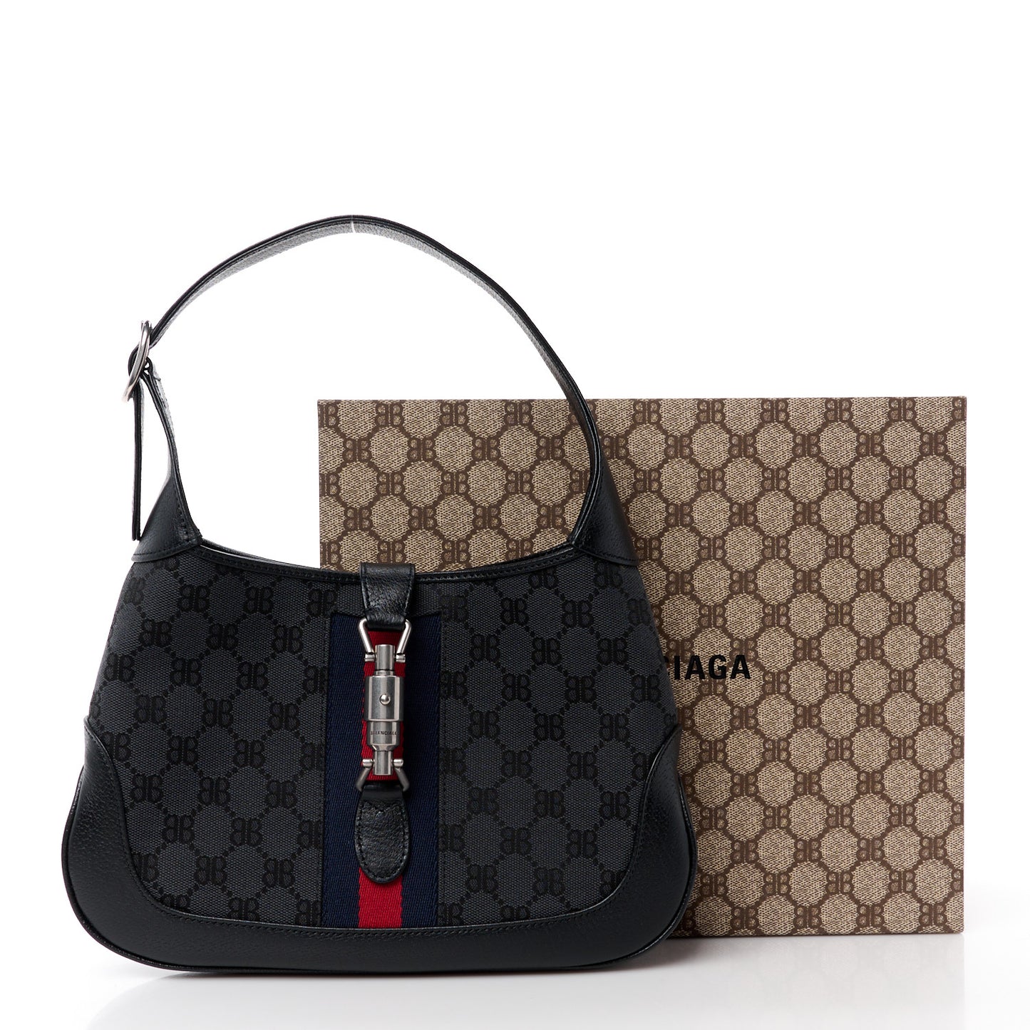 X BALENCIAGA BB Monogram Calfskin Web Small Jackie 1961 Hobo Black