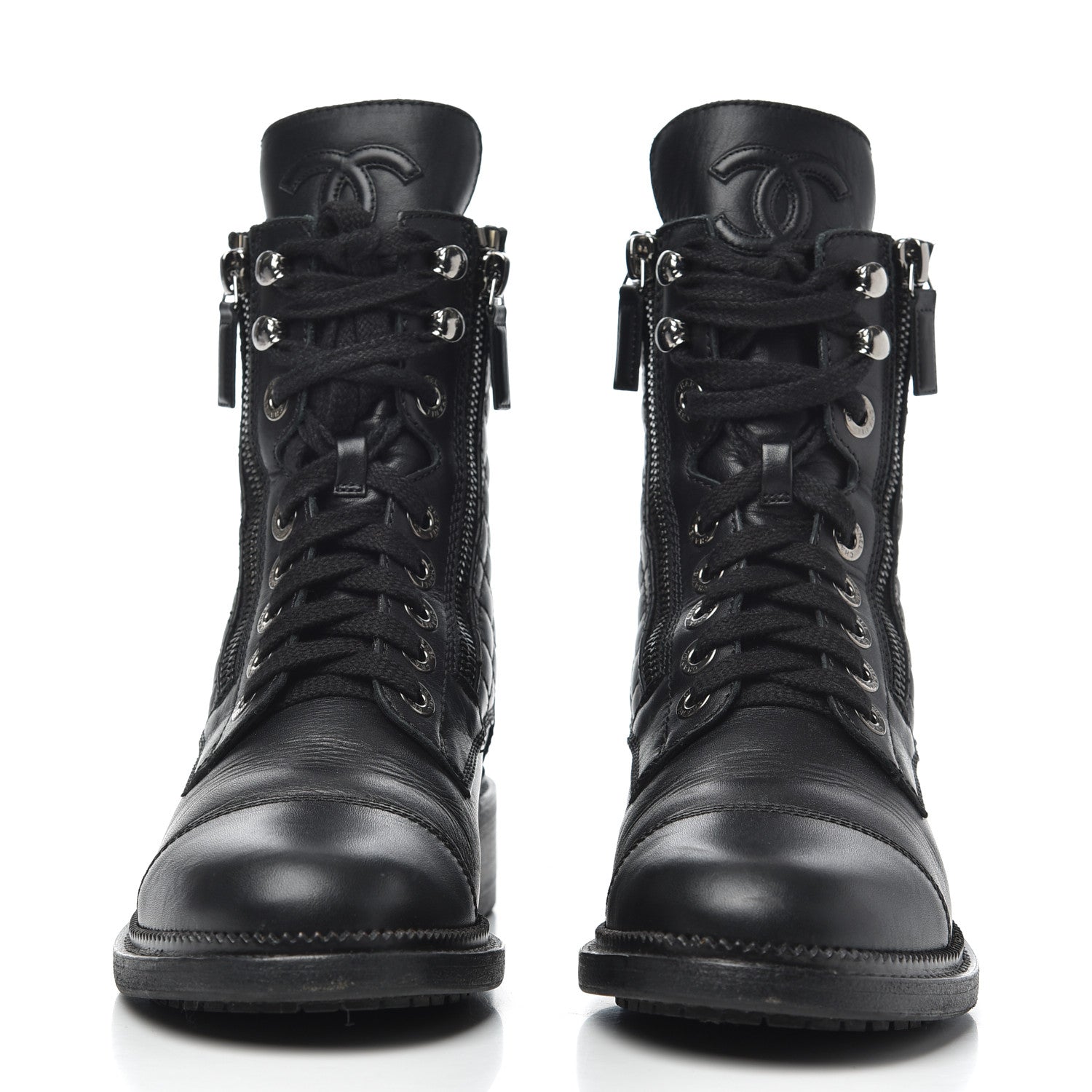 Chanel Calfskin Quilted Lace Up Combat Boots 37 Black 2 of 26