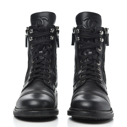 Chanel Calfskin Quilted Lace Up Combat Boots 37 Black 2 of 26