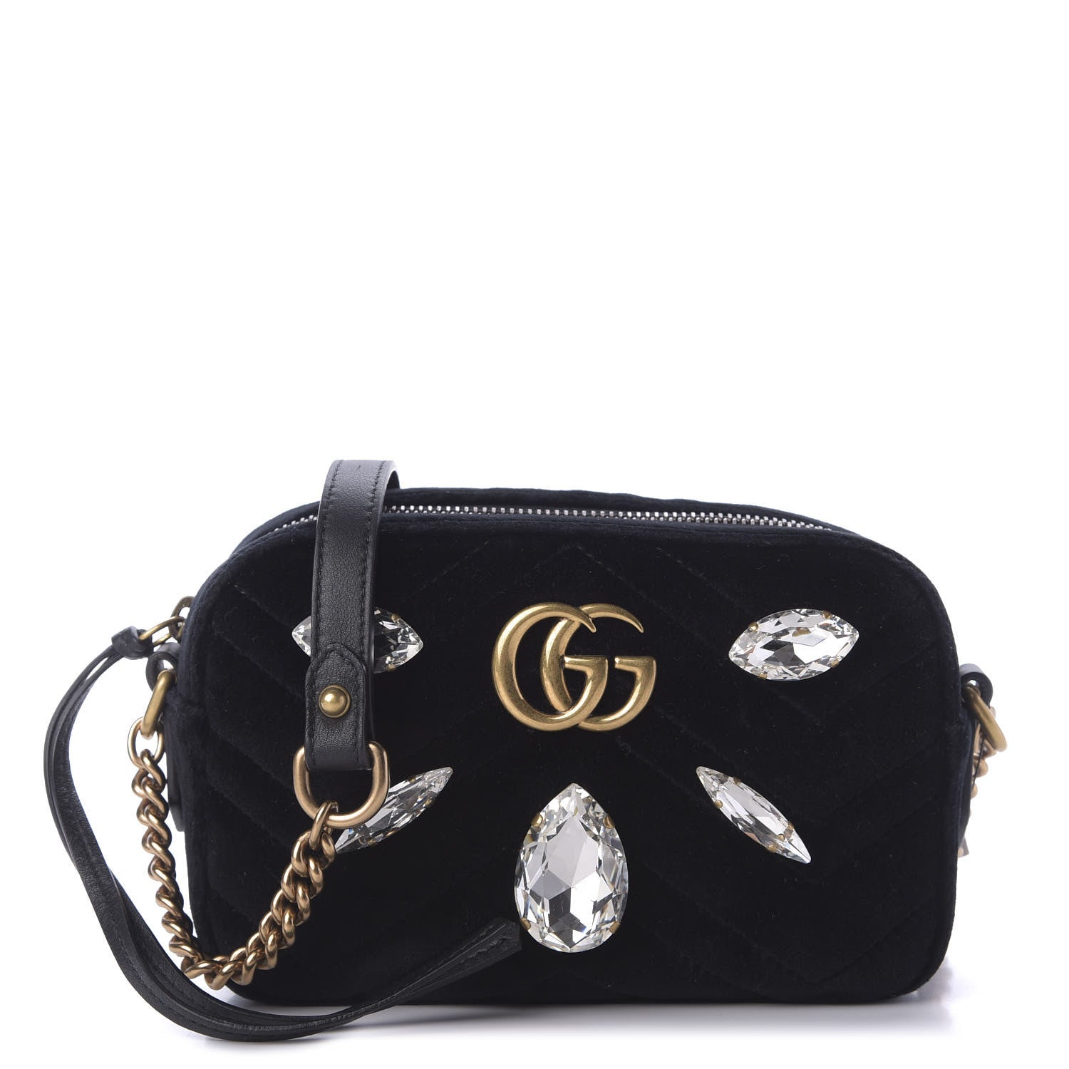 Gucci Velvet Matelasse Marquise Crystals Mini GG Marmont Chain Shoulder Bag Black 1 of 9