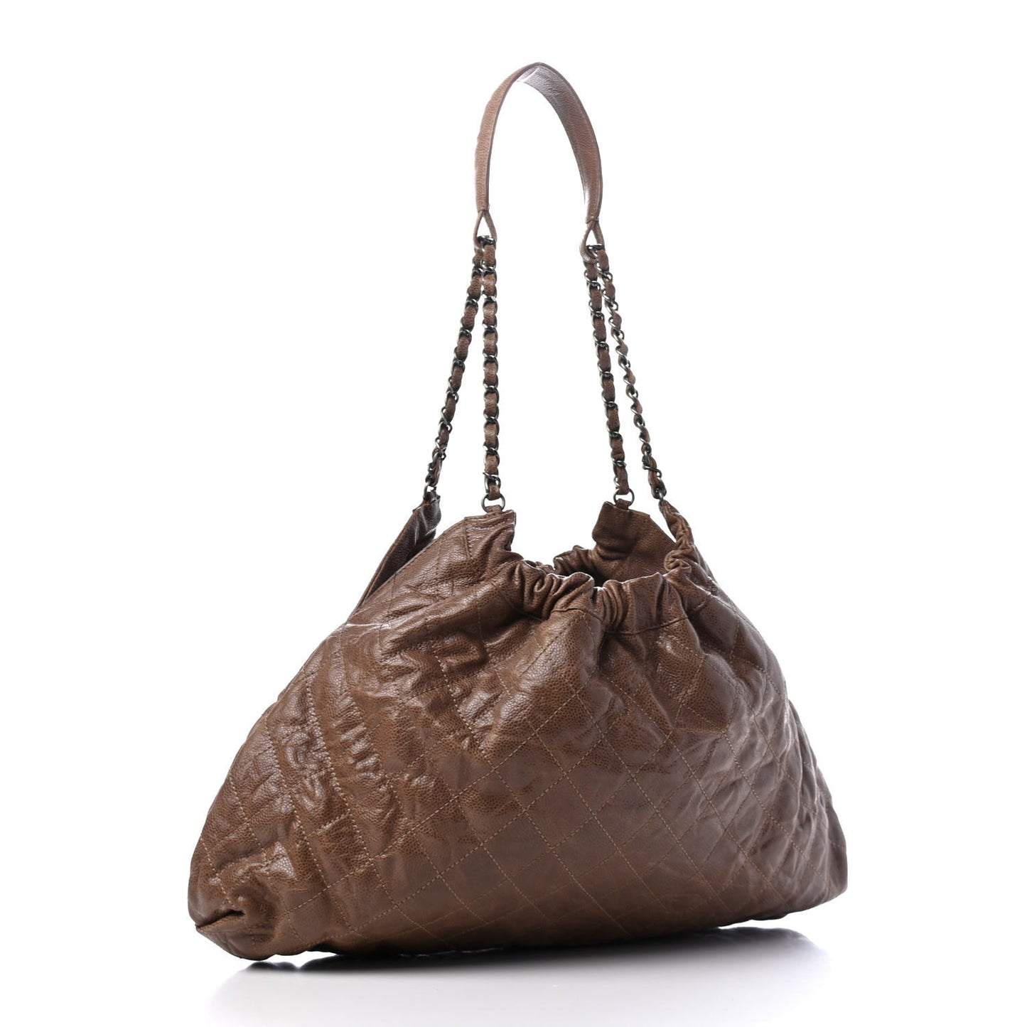 Distressed Glazed Caviar Quilted Large Elastic Tote Brown