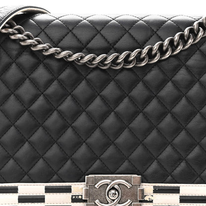 Chanel Calfskin Quilted Checkerboard Trim New Medium Boy Flap Black White 8 of 17