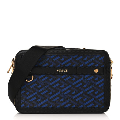 Versace Coated Canvas La Greca Signature Messenger Bag Black Blue 1 of 9