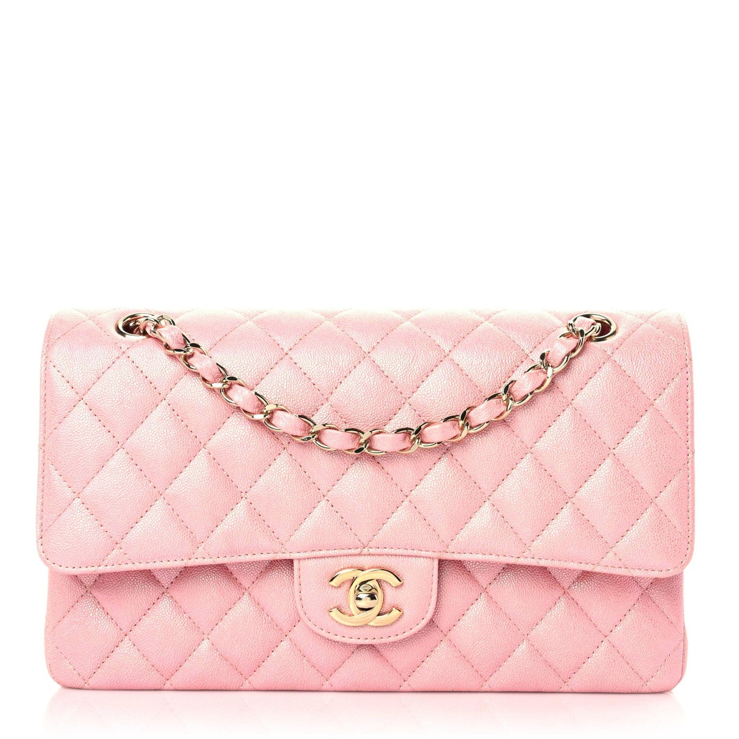 Iridescent Caviar Quilted Medium Double Flap Rose Pink