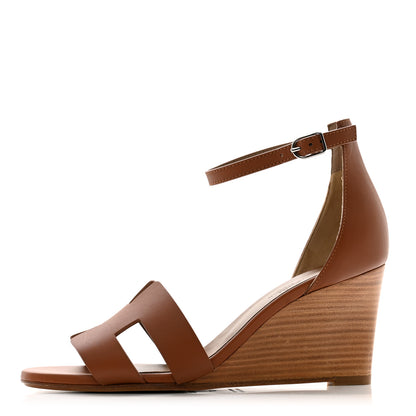Hermes Calfskin Legend Wedge Sandals 37 Gold 1 of 9