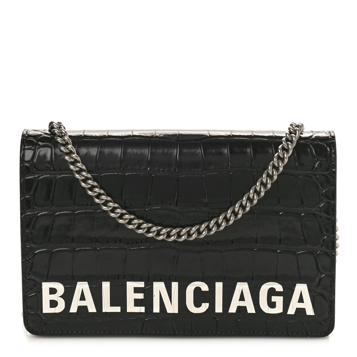 Shiny Calfskin Logo Crocodile Embossed Ville Wallet on Chain Black