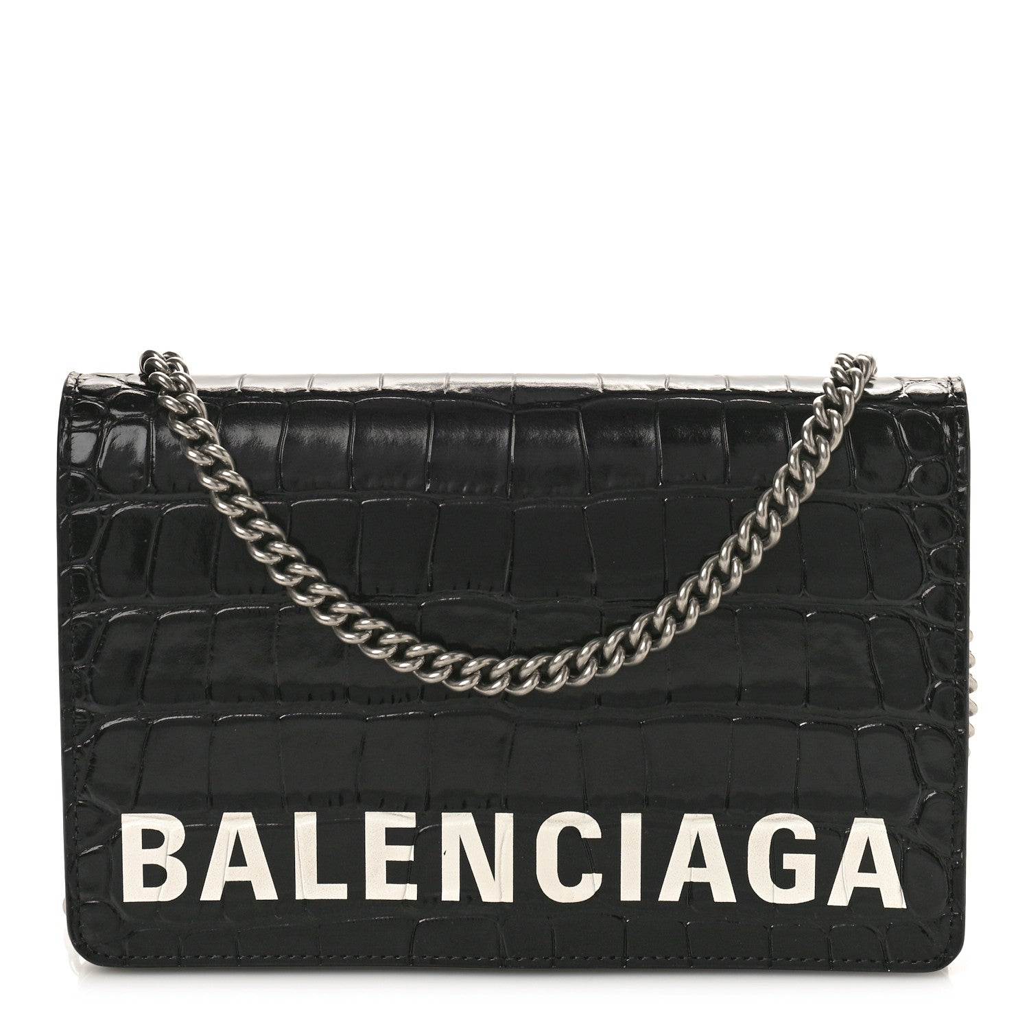 Balenciaga Shiny Calfskin Logo Crocodile Embossed Ville Wallet on Chain Black 1 of 13