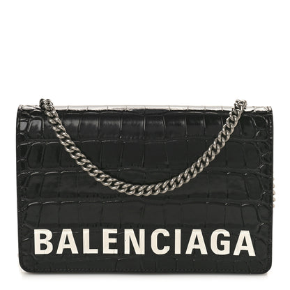 Balenciaga Shiny Calfskin Logo Crocodile Embossed Ville Wallet on Chain Black 1 of 13