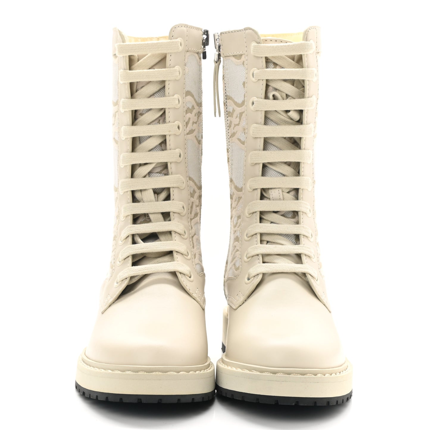 Vitello Fabric Jacquard Karligraphy Embroidered Womens Combat Boots 35 White Camelia