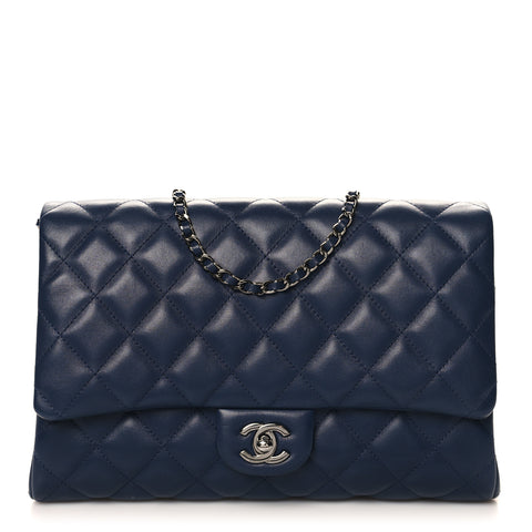 Lambskin Quilted Clutch with Chain Flap Navy