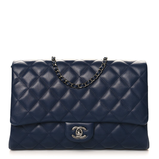 Lambskin Quilted Clutch with Chain Flap Navy
