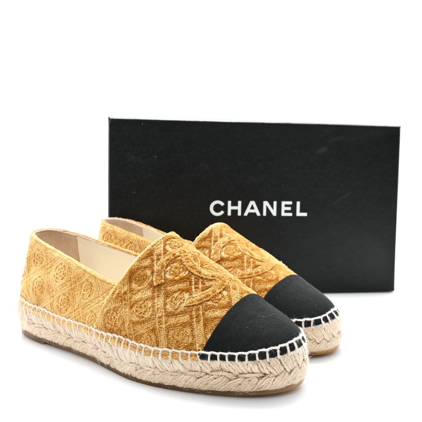 Velvet Grosgrain Quilted Camellia CC Espadrilles 38 Gold Black