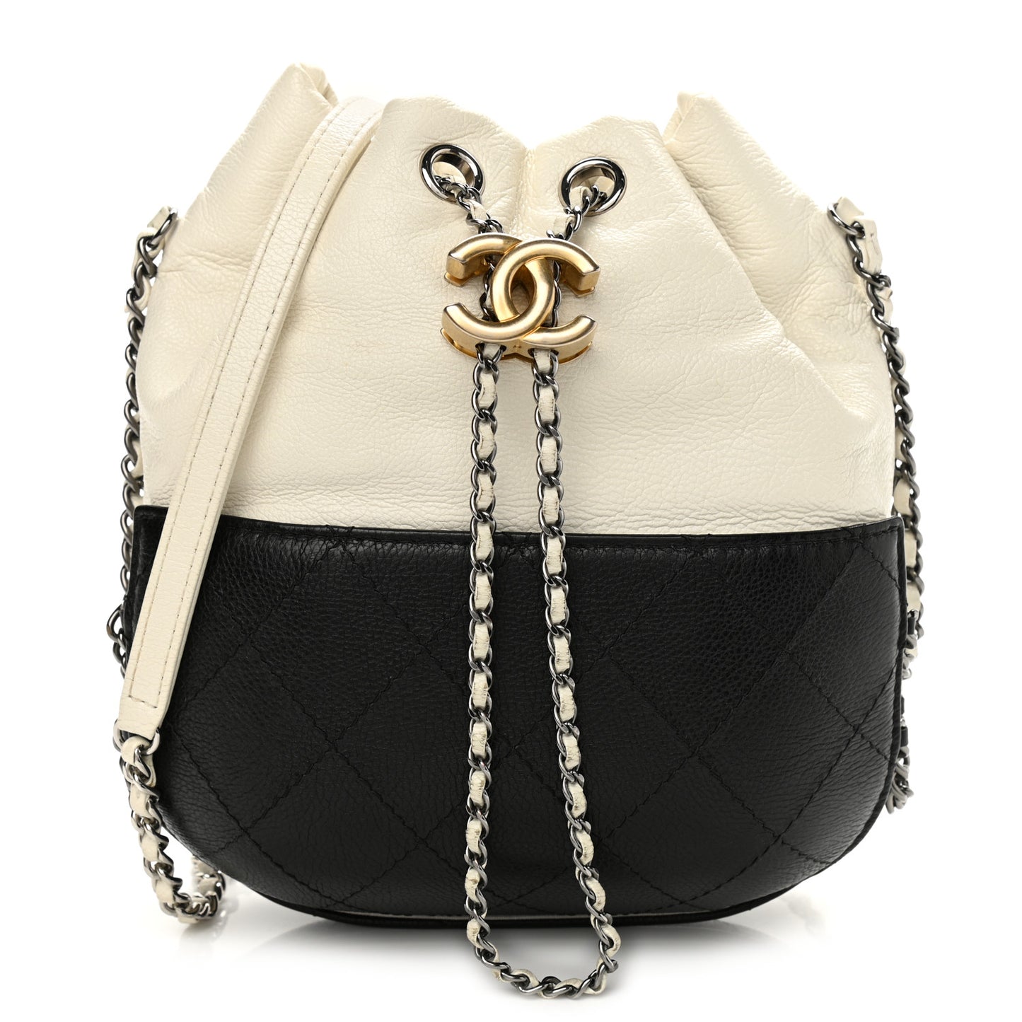 Aged Calfskin Quilted Small Gabrielle Bucket White Black