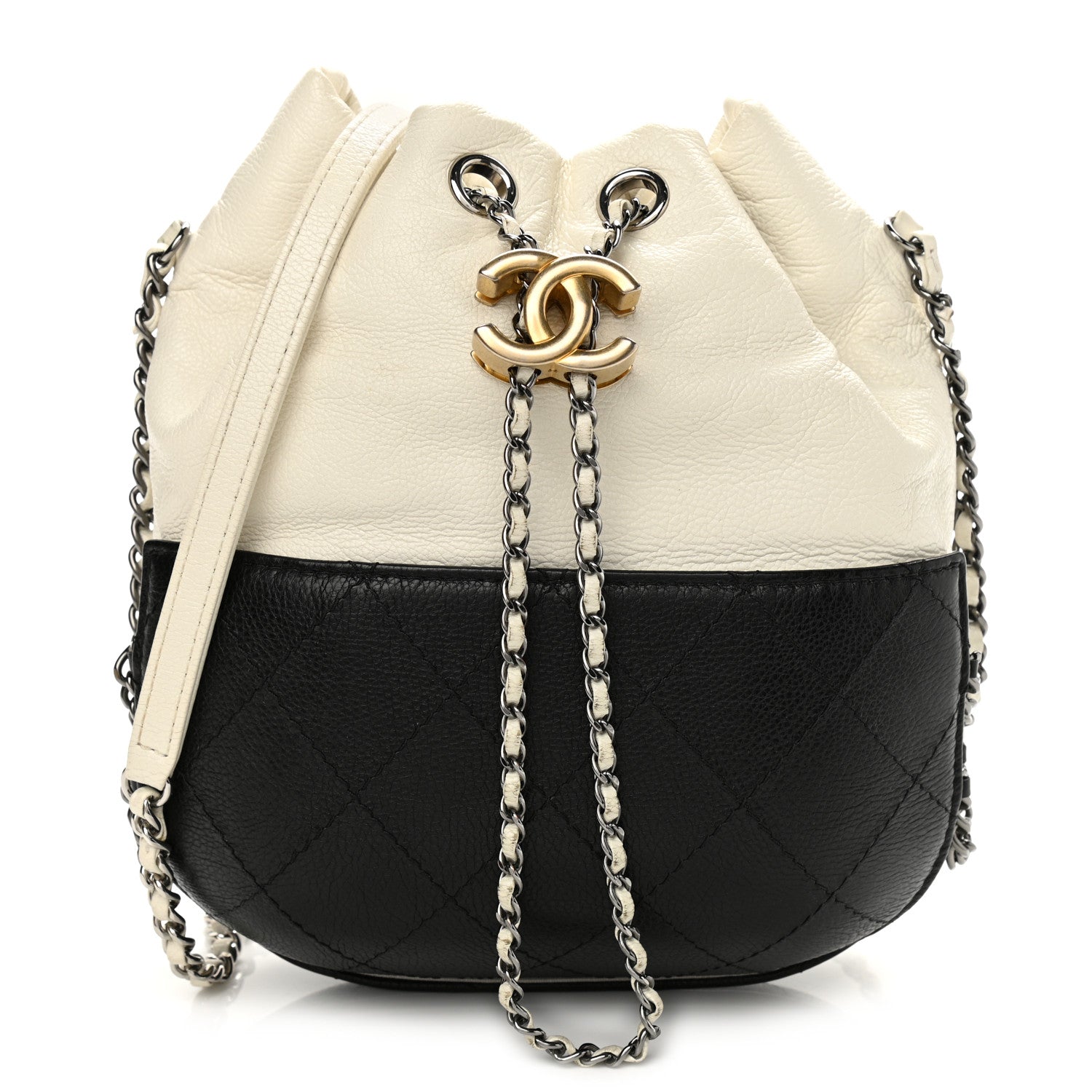 Chanel Aged Calfskin Quilted Small Gabrielle Bucket White Black 1 of 10