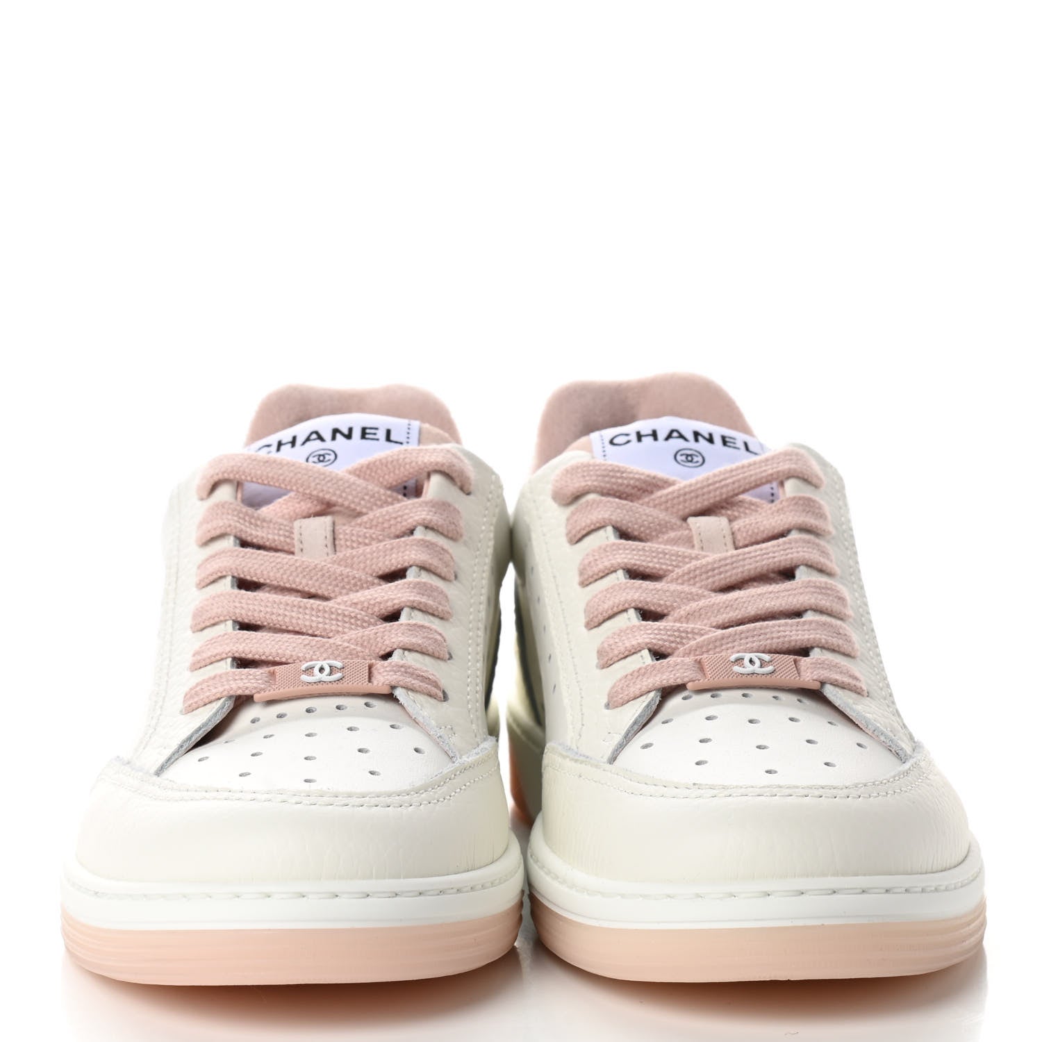Chanel Grained Calfskin Fabric Womens Logo Sneakers 39.5 White Pink 2 of 9