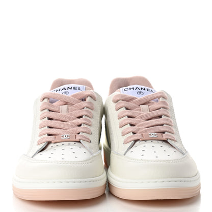 Chanel Grained Calfskin Fabric Womens Logo Sneakers 39.5 White Pink 2 of 9