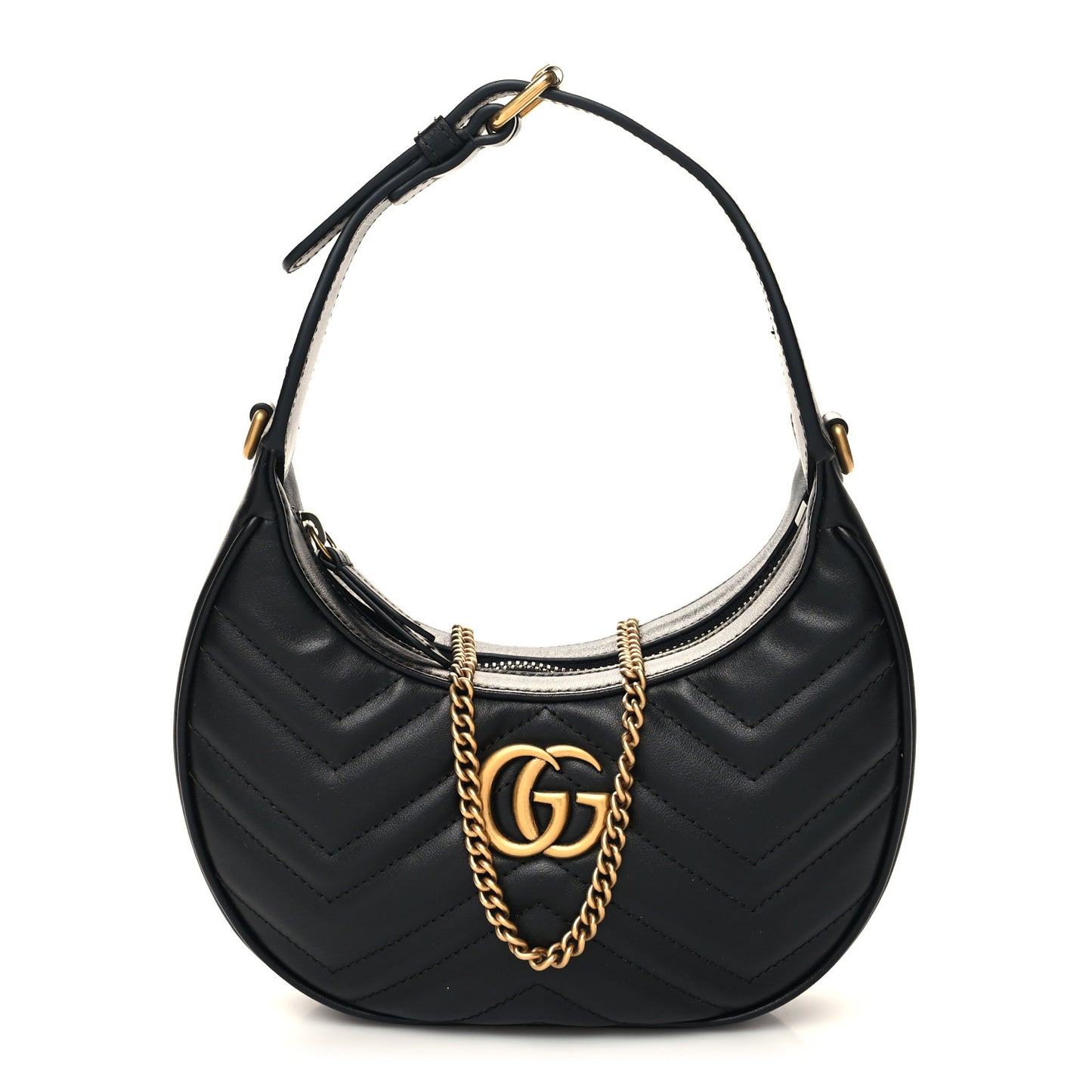 Calfskin Matelasse Chevron Mini GG Marmont Half Moon Hobo Black
