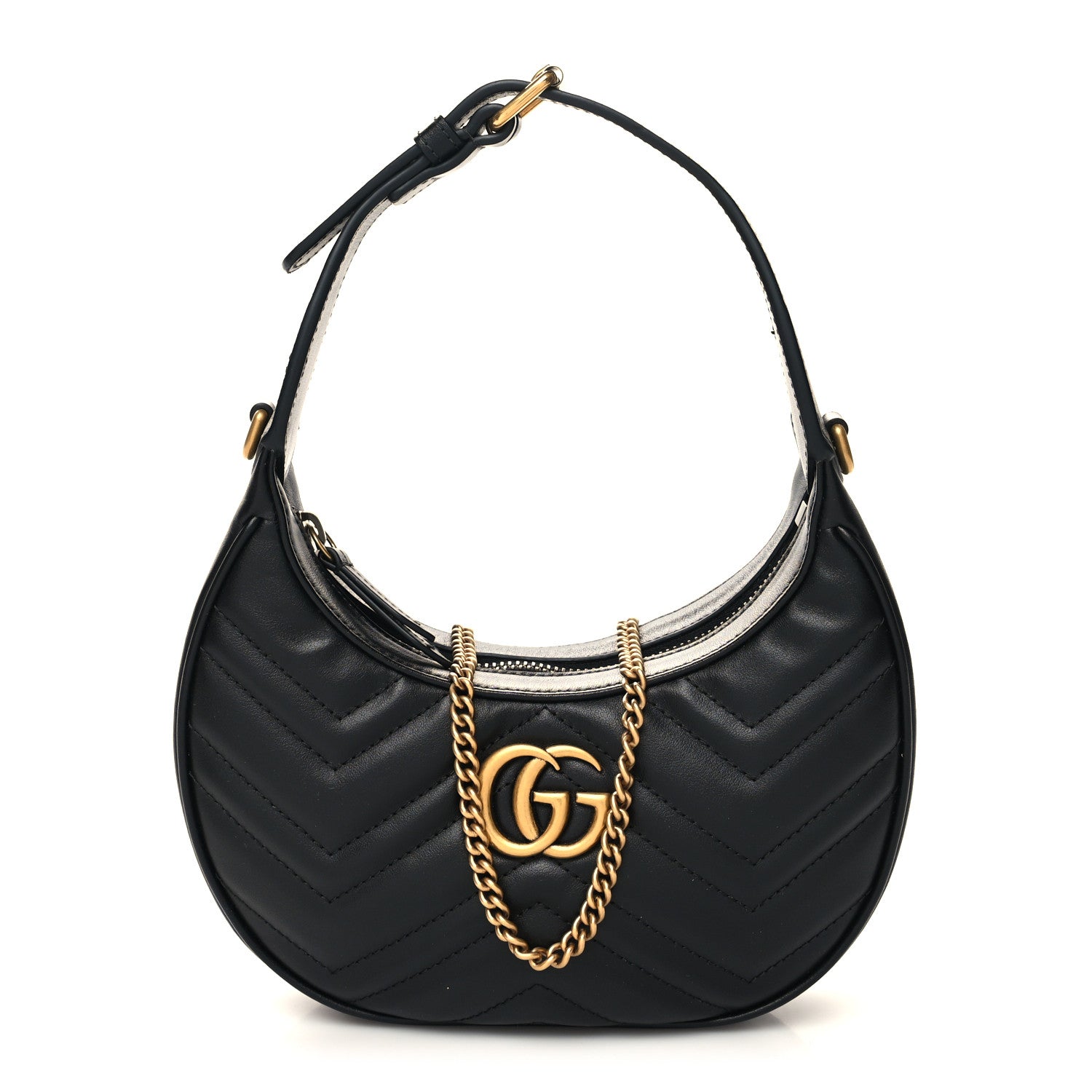 Gucci Calfskin Matelasse Chevron Mini GG Marmont Half Moon Hobo Black 1 of 10