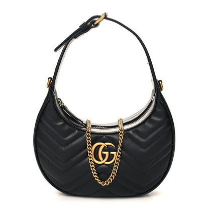 Gucci Calfskin Matelasse Chevron Mini GG Marmont Half Moon Hobo Black 1 of 10