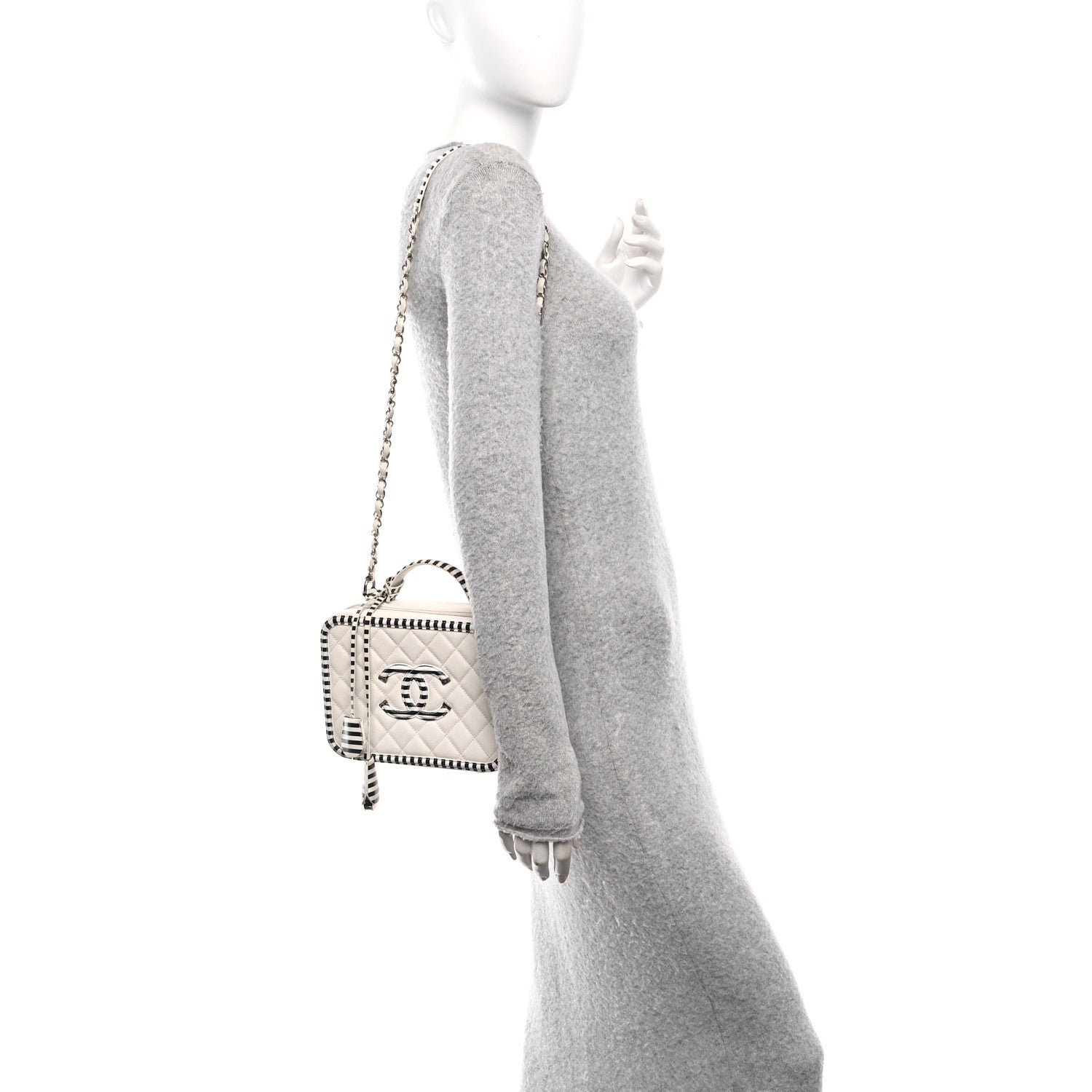 Chanel Caviar Quilted Striped Medium CC Filigree Vanity Case White Black 2 of 13