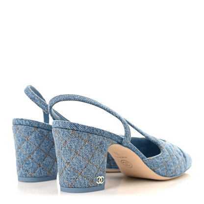 Chanel Printed Denim Cap Toe CC Slingback Pumps 39 Light Blue 5 of 10