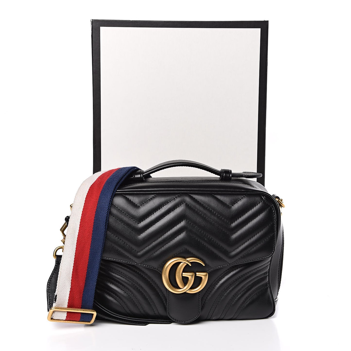 Calfskin Matelasse Sylvie Web Small GG Marmont Top Handle Shoulder Bag Black