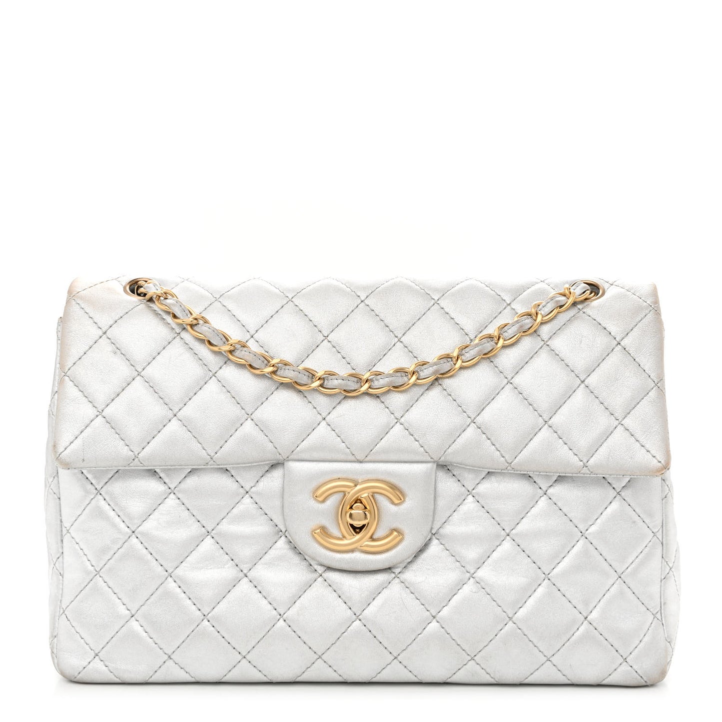Metallic Lambskin Quilted Maxi Single Flap Silver