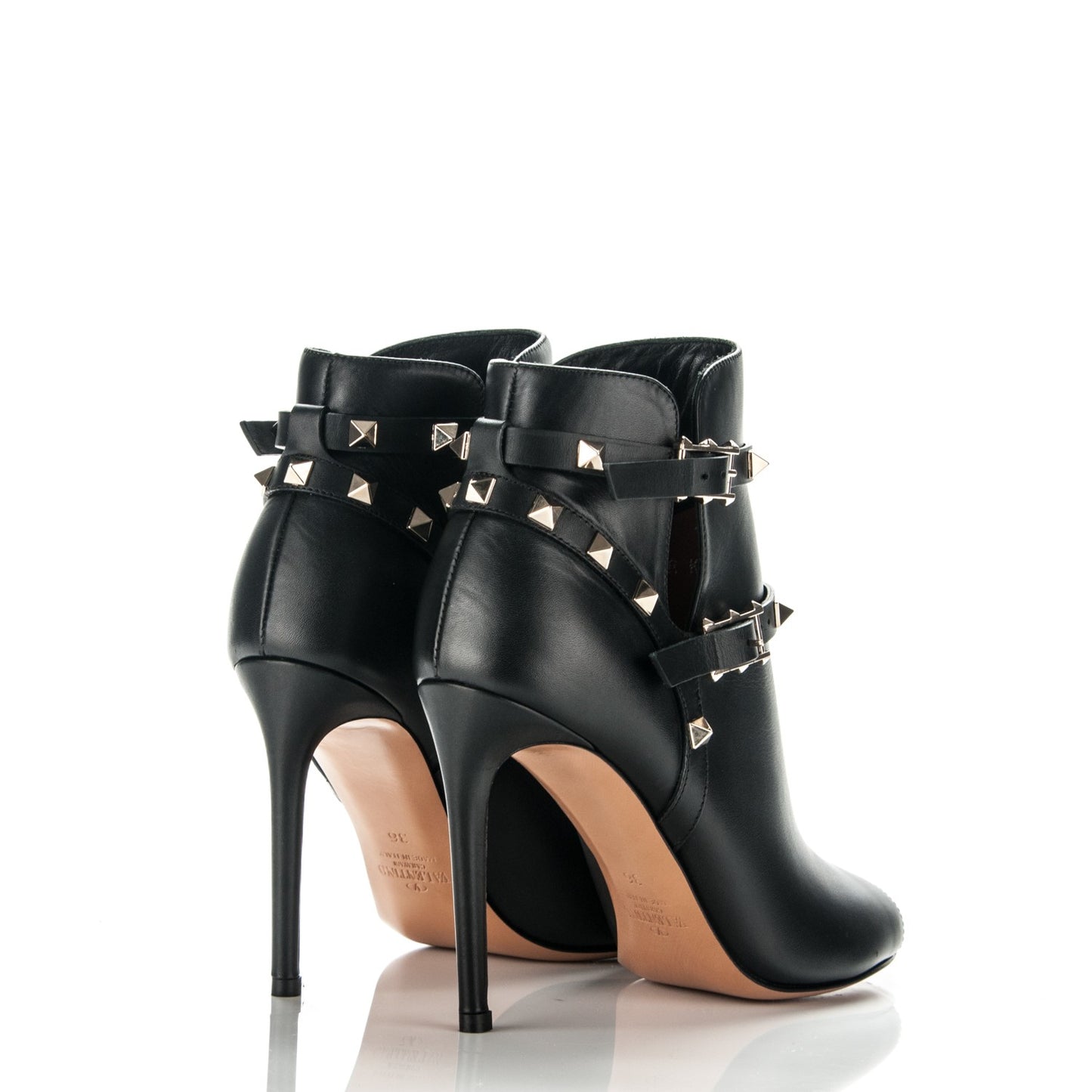 Calfskin Rockstud Peep Toe Double Buckle 100mm Ankle Boots 36 Black