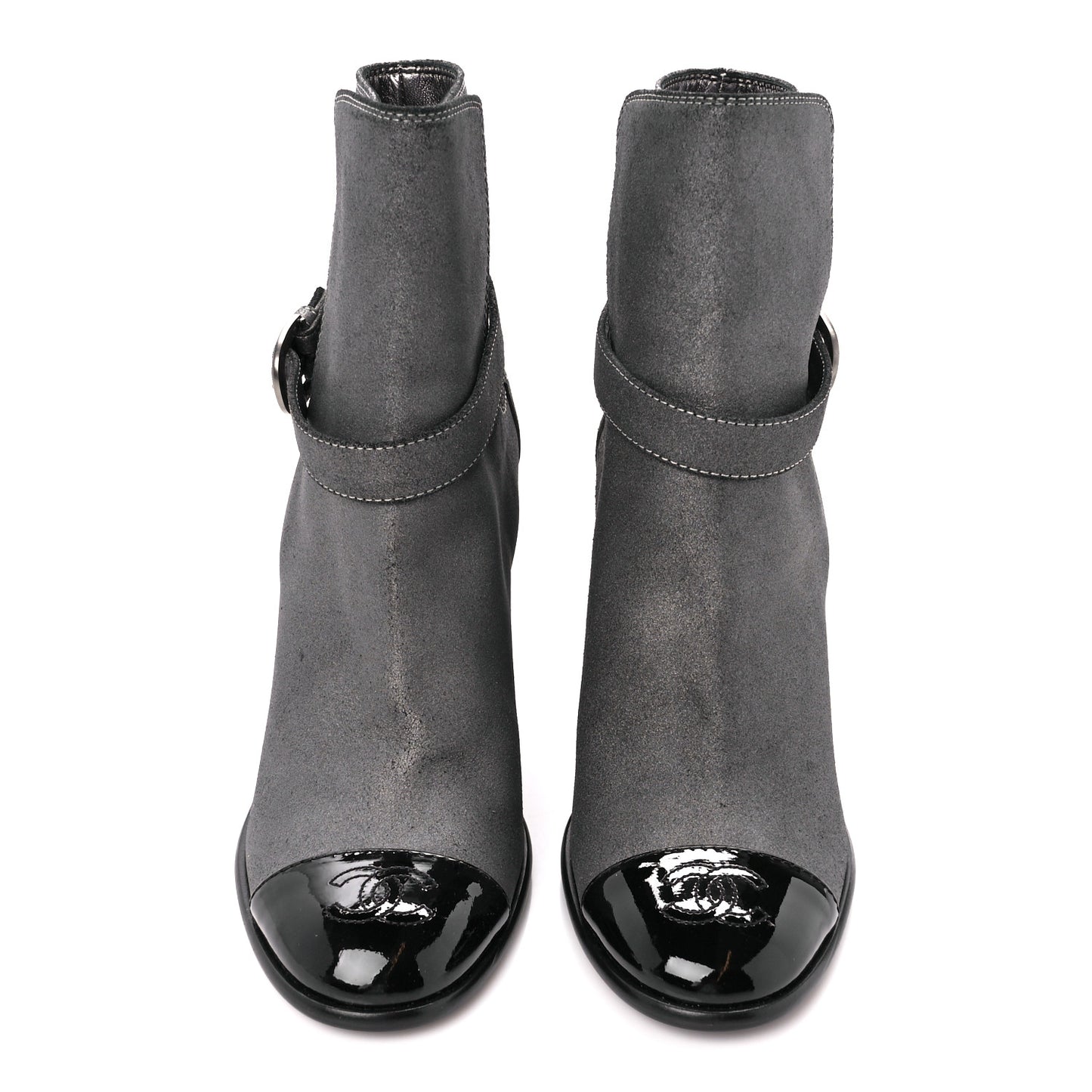 Suede Kidskin Patent Cap Toe Interlocking CC Ankle Boots 39 Dark Silver Black